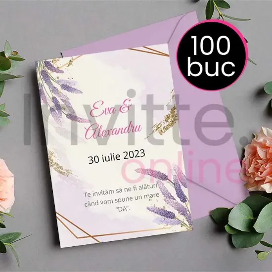 Poza cu Pachet 100 invitatii tiparite de nunta cu plic mov