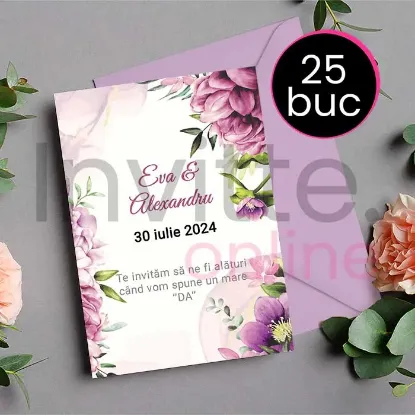 Poza cu Pachet 25 invitatii tiparite de nunta cu plic mov