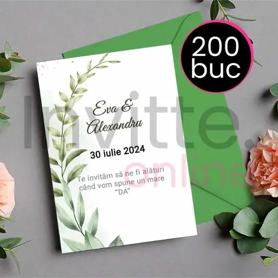 Poza cu Pachet 200 invitatii tiparite de nunta cu plic verde