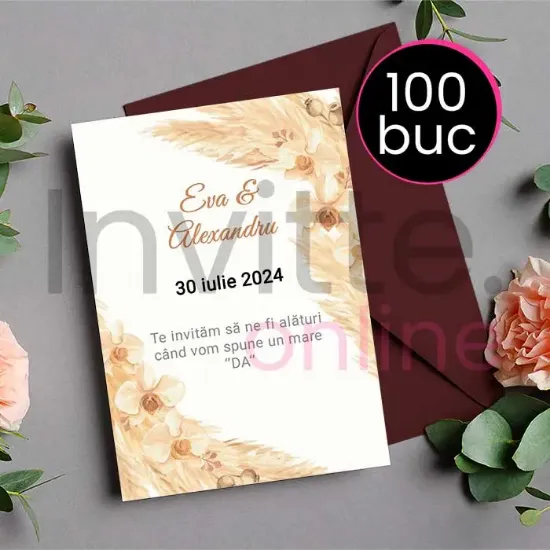Poza cu Pachet 100 invitatii tiparite de nunta cu plic visiniu