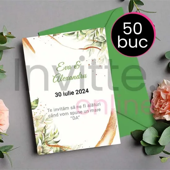 Poza cu Pachet 50 invitatii tiparite de nunta cu plic verde