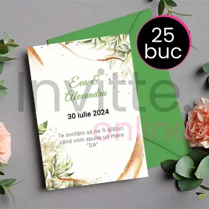 Poza cu Pachet 25 invitatii tiparite de nunta cu plic verde