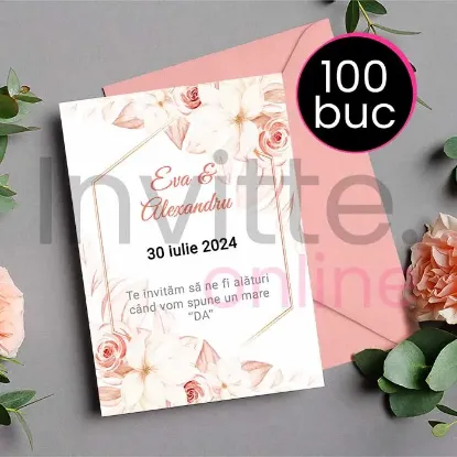 Poza cu Pachet 100 invitatii tiparite de nunta cu plic somon