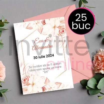 Poza cu Pachet 25 invitatii tiparite de nunta cu plic somon