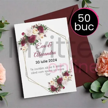 Poza cu Pachet 50 invitatii tiparite de nunta cu plic grena