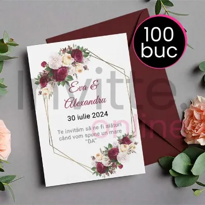 Poza cu Pachet 100 invitatii tiparite de nunta cu plic grena