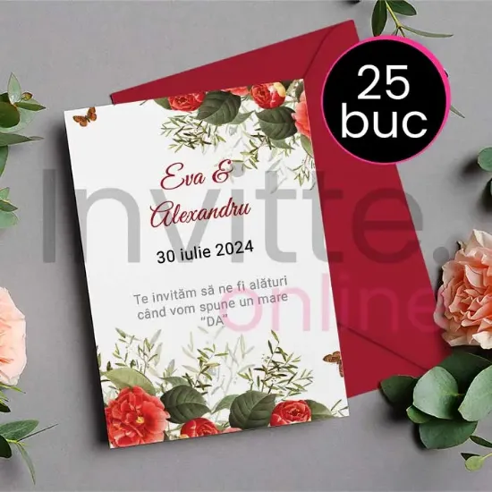 Poza cu Pachet 25 invitatii tiparite de nunta cu plic rosu
