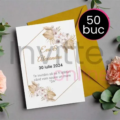 Poza cu Pachet 50 invitatii tiparite de nunta cu plic auriu