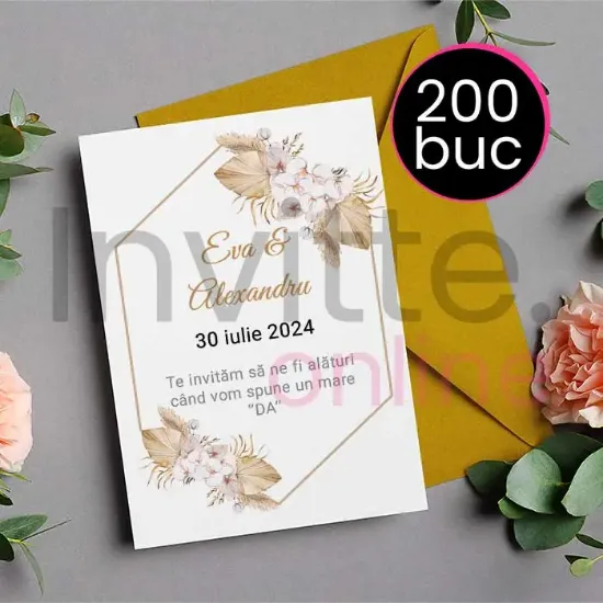 Poza cu Pachet 200 invitatii tiparite de nunta cu plic auriu