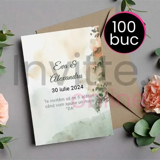 Poza cu Pachet 100 invitatii tiparite de nunta cu plic kraft