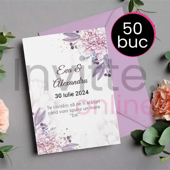 Poza cu Pachet 50 invitatii tiparite de nunta cu plic lila