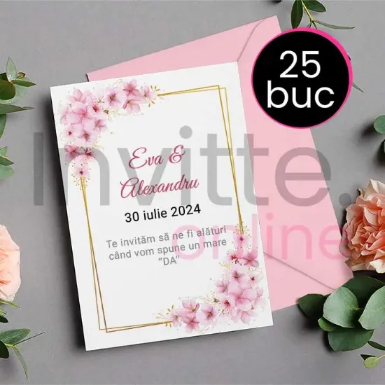 Poza cu Pachet 25 invitatii tiparite de nunta cu plic roz pastel