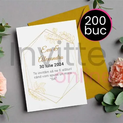 Poza cu Pachet 200 invitatii tiparite de nunta cu plic auriu